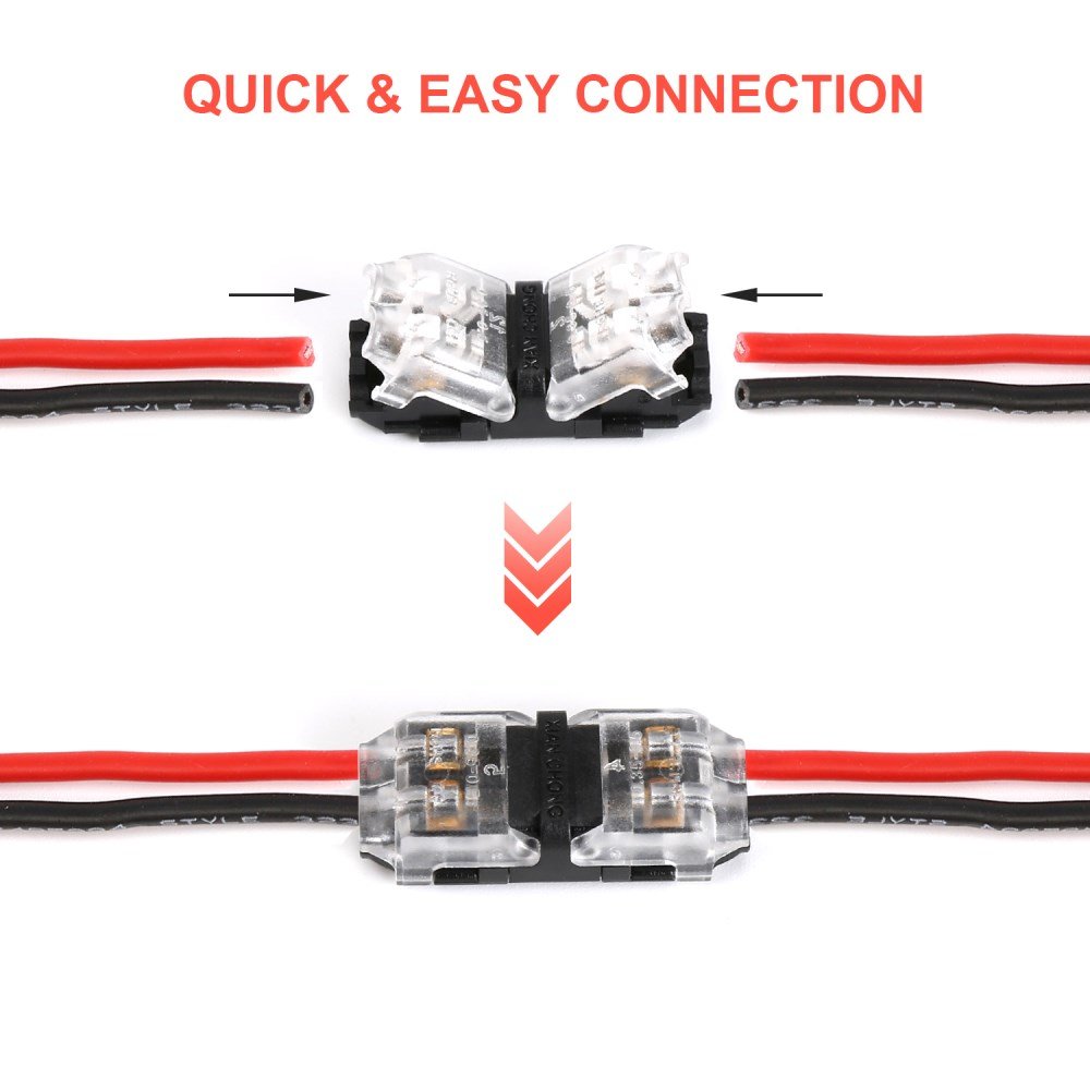 Compact 2-port lever wire connectors on red and black wire
